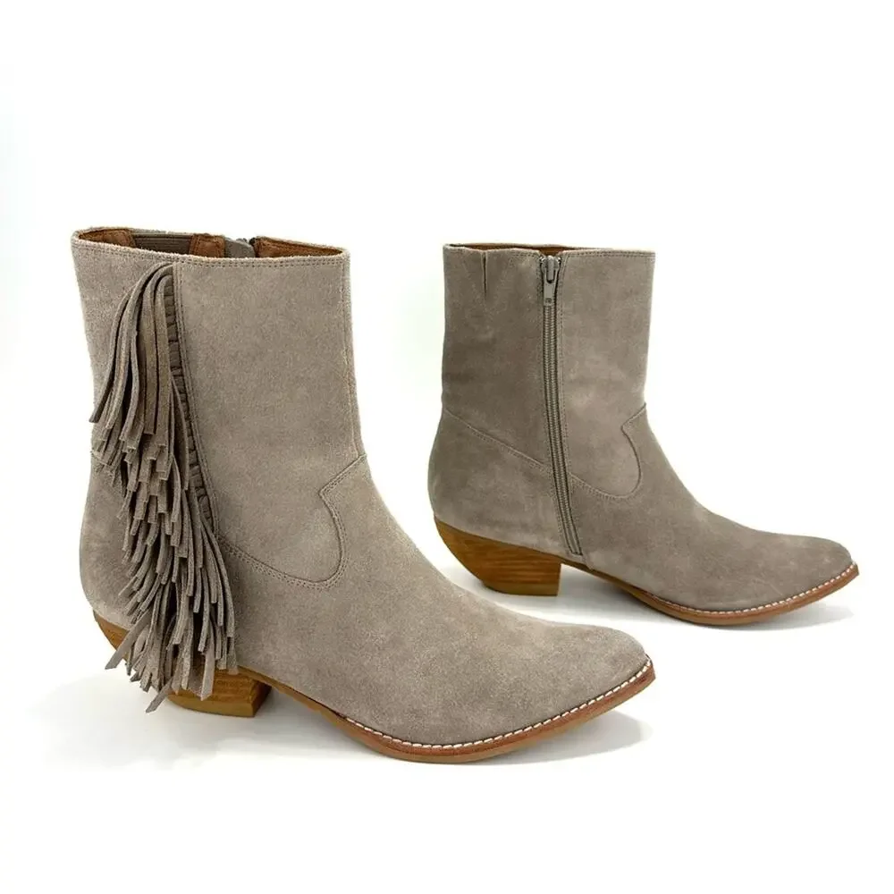 Jeffrey Campbell Hastings Gray Cowboy Ankle Boot Sz 9.5 Suede Fringes Rodeo New